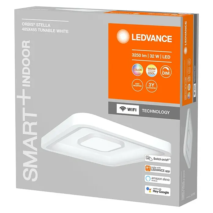 Ledvance LED-Deckenleuchte - 32 W, L x B x H: 48,5 x 48,5 x 8 cm, Weiß, Mehrfarbig - Bild einer LEDVANCE Orbis Stella 485x485 Tunable White Smart+ Indoor Leuchte in der Produktverpackung.