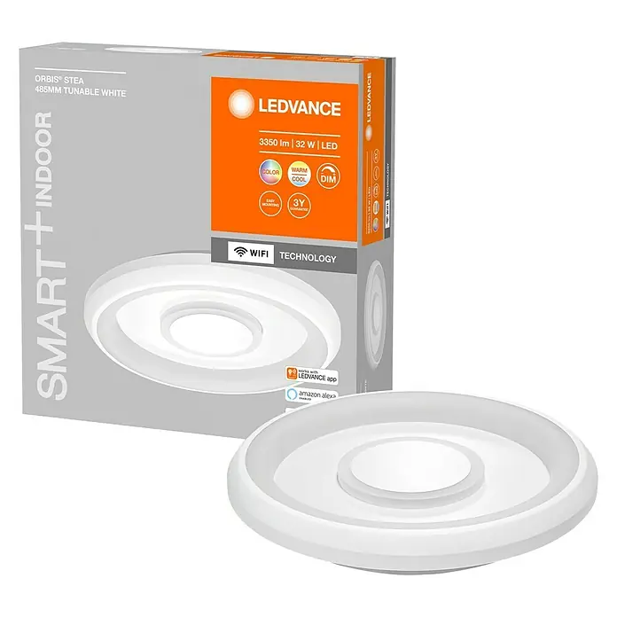 Ledvance LED-Deckenleuchte rund - 32 W, Ø x H: 48,5 x 8 cm, Weiß, Mehrfarbig - Abbildung einer LEDVANCE ORBIS® STEA 485MM TUNABLE WHITE Smart+Indoor Leuchte mit Verpackung.