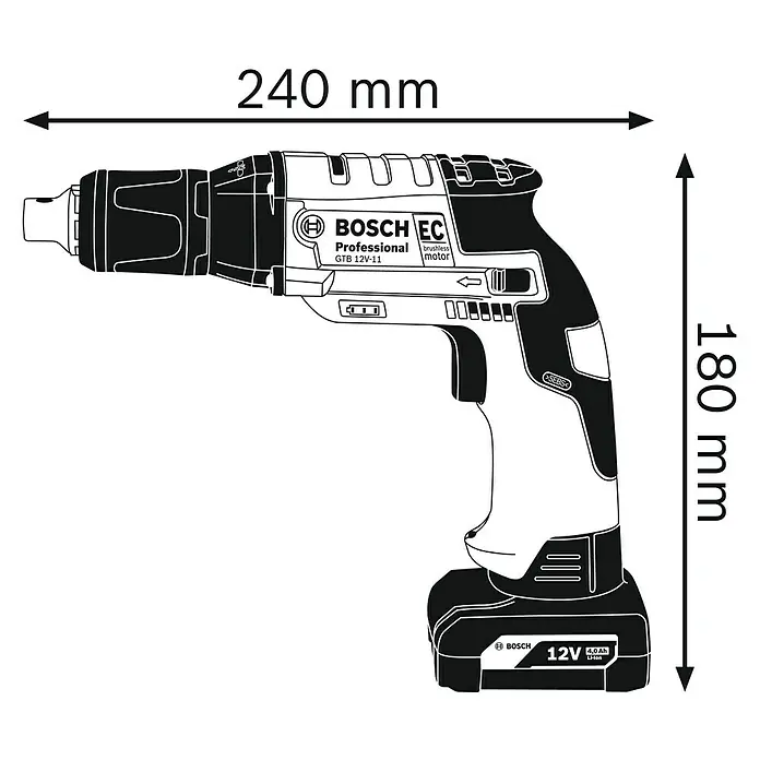 Bosch Professional Akku-Trockenbauschrauber GTB 12V-11 - 12 V, Ohne Akku, Ohne Koffer - Abbildung eines Bosch GTB 12V-11 Akku-Trockenbauschraubers mit den Maßen 240 mm Länge und 180 mm Höhe.