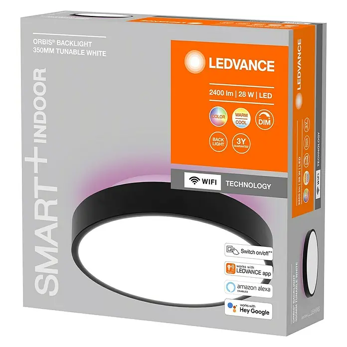 Ledvance LED-Deckenleuchte rund - 28 W, Ø x H: 35 x 9 cm, Schwarz, RGBW - Nahaufnahme der Verpackung einer LEDVANCE Orbis® Backlight 350mm Tunable White Leuchte, die smarte Innenbeleuchtung ermöglicht.