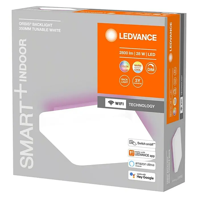 Ledvance LED-Deckenleuchte - 28 W, L x B x H: 35 x 35 x 9 cm, Weiß, RGBW - Verpackung der LEDVANCE Orbis Backlight 350mm tunable white Lampe mit Smart+Indoor Technologie, steuerbar über LEDVANCE App, Amazon Alexa und Google.