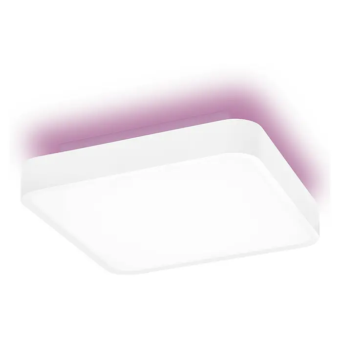 Ledvance LED-Deckenleuchte - 28 W, L x B x H: 35 x 35 x 9 cm, Weiß, RGBW - Eine moderne, quadratische LED-Deckenleuchte in Weiß mit abgerundeten Ecken und indirektem, farbigem Lichteffekt, ideal für stimmungsvolle Beleuchtung.