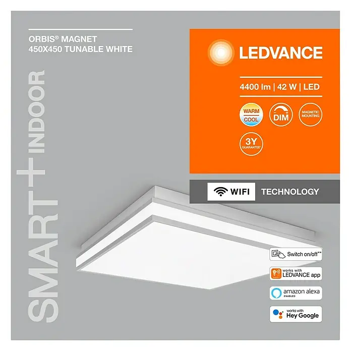 Ledvance LED-Deckenleuchte42 W, L x B x H: 45 x 45 x 8,6 cm, Grau, Mehrfarbig - LEDVANCE ORBIS® MAGNET 450x450 tunable White Deckenleuchte für den Innenbereich, SMART+ INDOOR, mit 4400lm, 42W LED und WIFI-Technologie.