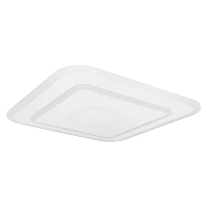 Ledvance LED-Deckenleuchte32 W, L x B x H: 50 x 50 x 5,5 cm, Weiß, RGBW - Diese Aufnahme zeigt eine quadratische LED-Deckenleuchte mit abgerundeten Ecken und stufenförmigem Design auf schwarzem Hintergrund.