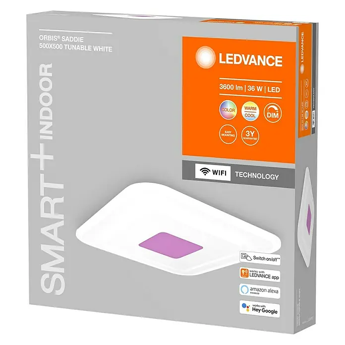 Ledvance LED-Deckenleuchte - 32 W, L x B x H: 50 x 50 x 5,5 cm, Weiß, RGBW - Verpackung der LEDVANCE ORBIS SADDIE 500X500 tunable white Smart+ Indoor LED-Leuchte, mit Infos zu Lumen, Watt und WiFi-Technologie.