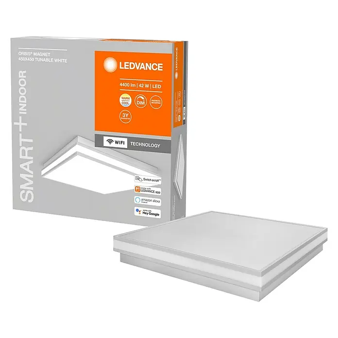 Ledvance LED-Deckenleuchte42 W, L x B x H: 45 x 45 x 8,6 cm, Grau, Mehrfarbig - Abbildung der LEDVANCE ORBIS® MAGNET 450x450 tunable white Smart+Indoor Leuchte mit Verpackung, die ihre Funktionen hervorhebt.
