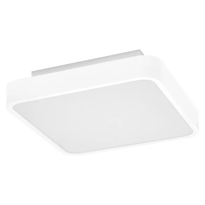 Ledvance LED-Deckenleuchte - 28 W, L x B x H: 35 x 35 x 9 cm, Weiß, RGBW - Nahaufnahme einer quadratischen, weißen Deckenleuchte mit abgerundeten Ecken auf schwarzem Hintergrund. Perfekt für moderne Wohnräume.