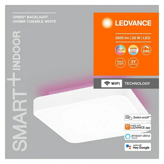 Ledvance LED-Deckenleuchte - 28 W, L x B x H: 35 x 35 x 9 cm, Weiß, RGBW - Abbildung einer LEDVANCE ORBIS® BACKLIGHT Deckenleuchte mit 350mm Durchmesser, tunable white und smarten Funktionen für den Innenbereich.