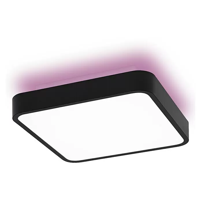 Ledvance LED-Deckenleuchte - 28 W, L x B x H: 35 x 35 x 9 cm, Schwarz, RGBW - Schwarze quadratische LED-Deckenleuchte mit abgerundeten Ecken, die weißes Licht und eine violette Hintergrundbeleuchtung abstrahlt.