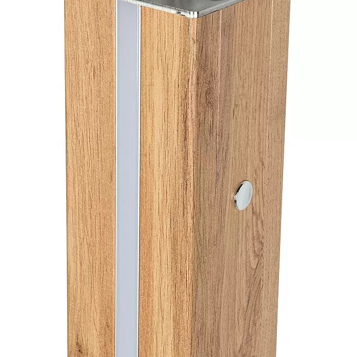 Britop Lighting Flame Stehleuchte - 60 W, Höhe: 155 cm, Eiche, Beige, E27 - Detailaufnahme eines braunen Möbelbeins in Holzoptik mit silberner Metallleiste und runder Verzierung.