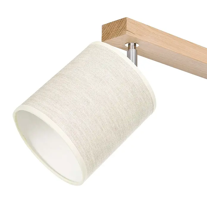 Britop Lighting Boho Deckenstrahler - 25 W, L x B x H: 67 x 13 x 25 cm, Eiche, Beige, E27, 3 Stk. - Nahaufnahme einer schwenkbaren Stofflampenbefestigung mit Holzsockel.