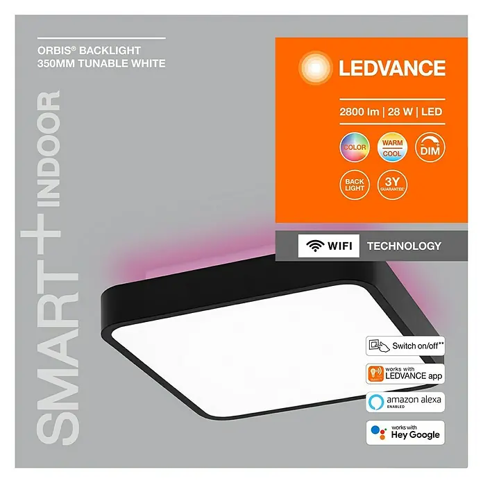 Ledvance LED-Deckenleuchte - 28 W, L x B x H: 35 x 35 x 9 cm, Schwarz, RGBW - Produktbild: LEDVANCE ORBIS® BACKLIGHT 350MM TUNABLE WHITE, smarte Innenleuchte mit vielfältigen Funktionen und moderner Technologie.