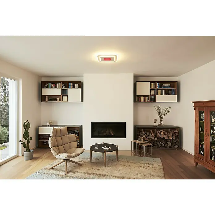 Ledvance LED-Deckenleuchte - 32 W, L x B x H: 50 x 50 x 5,5 cm, Weiß, RGBW - Wohnzimmer mit modernem Flair: Ein stilvoller Raum mit Lichtdesign und rustikalen Holzelementen.