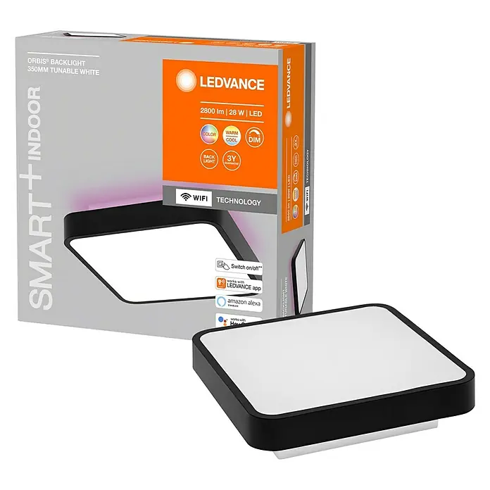 Ledvance LED-Deckenleuchte - 28 W, L x B x H: 35 x 35 x 9 cm, Schwarz, RGBW - Abgebildet ist die LEDVANCE ORBIS® BACKLIGHT 350MM tunable white Smart+ Indoor Leuchte samt Produktverpackung.