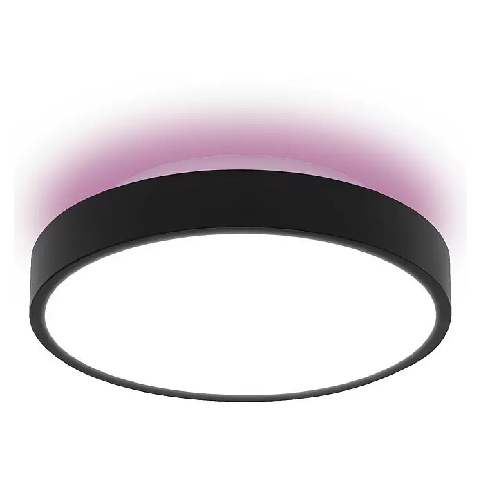 Ledvance LED-Deckenleuchte rund - 28 W, Ø x H: 35 x 9 cm, Schwarz, RGBW - Runde schwarze LED-Deckenleuchte mit weißem Diffusor und lila Akzentbeleuchtung.