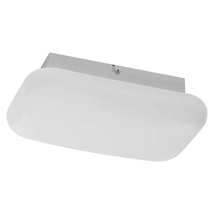 Ledvance LED-Wandleuchte - 12 W, L x B x H: 28 x 16 x 9,4 cm, Weiß, Mehrfarbig - Nahaufnahme einer modernen, rechteckigen Deckenleuchte mit mattweißem Lampenschirm und silberner Halterung.