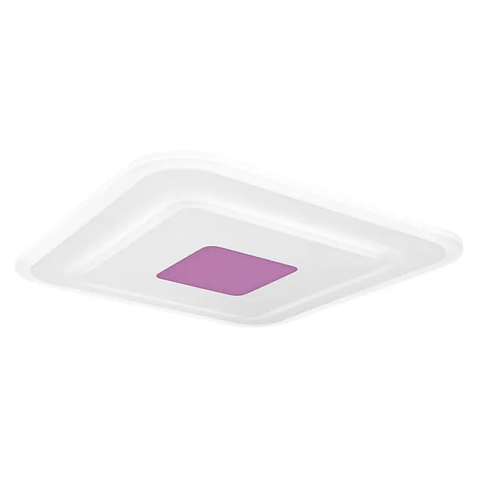 Ledvance LED-Deckenleuchte32 W, L x B x H: 50 x 50 x 5,5 cm, Weiß, RGBW - Weiße Deckenleuchte mit quadratischem, lilafarbenem Mittelteil.