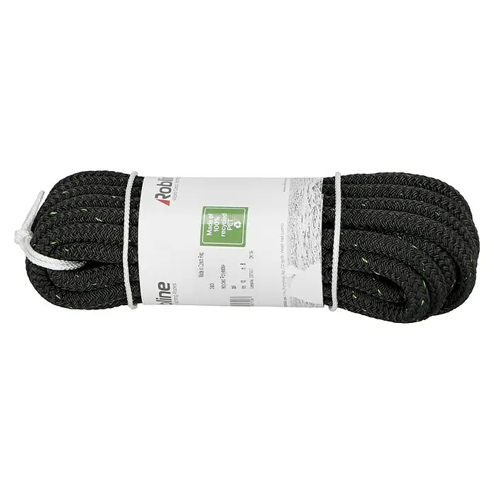 Robline Festmacherleine Rio Green - Ø x L: 10 mm x 8 m, Schwarz, Polyester - Schwarzes Robline Tau, hergestellt aus recyceltem PET, ideal für verschiedene Anwendungen im Wassersport und Outdoor-Bereich.