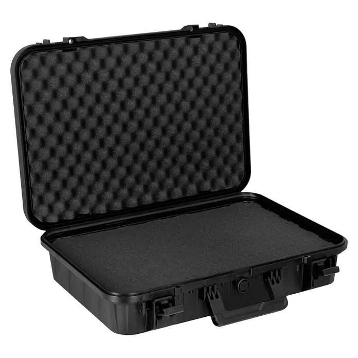 Wasserdichter Koffer EKO90 - L x B x H: 520 x 350 x 125 mm, Mit Würfelschaumstoffeinlage, Grau, Kunststoff - Geöffneter schwarzer Hartschalenkoffer mit Noppenschaumstoff-Einsatz zur sicheren Aufbewahrung von Geräten und Zubehör.
