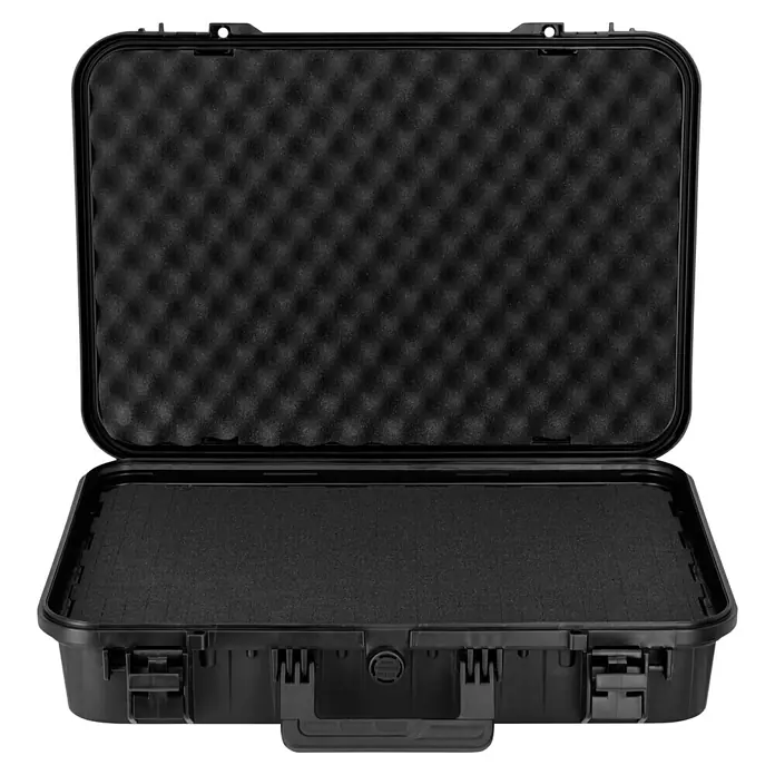 Wasserdichter Koffer EKO90 - L x B x H: 520 x 350 x 125 mm, Mit Würfelschaumstoffeinlage, Grau, Kunststoff - Schwarzer Schutzkoffer geöffnet, mit Noppenschaumstoff ausgekleidet. Ideal für den sicheren Transport empfindlicher Gegenstände.