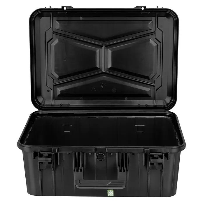 Wasserdichter Koffer EKO90D - L x B x H: 520 x 350 x 210 mm, Ohne Schaumstoffeinlage, Grau, Kunststoff - Geöffnete, robuste, schwarze Werkzeugkiste mit sicherem Verschluss und verstärkten Ecken für den professionellen Einsatz.