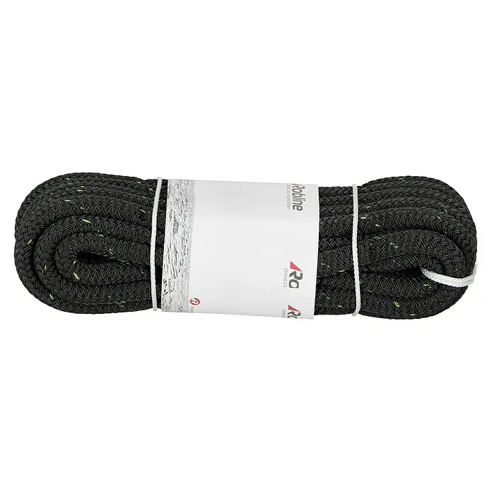 Robline Festmacherleine Rio Green - Ø x L: 12 mm x 10 m, Schwarz, Polyester - Ein Bündel Robline Seil, ein hochwertiges Produkt für verschiedene Anwendungen, ordentlich verpackt und bereit für den Einsatz.