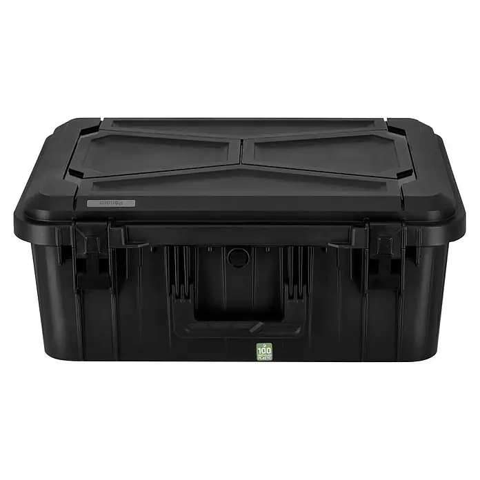 Wasserdichter Koffer EKO90 - L x B x H: 520 x 350 x 210 mm, Mit Würfelschaumstoffeinlage, Grau, Kunststoff - Das Bild zeigt eine schwarze Panaro Aufbewahrungsbox aus Kunststoff. Sie ist robust gebaut und ideal für die Lagerung verschiedener Gegenstände.