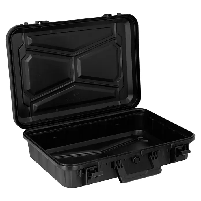 Wasserdichter Koffer EKO90 - L x B x H: 520 x 350 x 125 mm, Ohne Schaumstoffeinlage, Grau, Kunststoff - Geöffnete schwarze Hartschalenkoffer, ideal für den sicheren Transport von empfindlichen Gegenständen. Robuste Konstruktion für zuverlässigen Schutz.