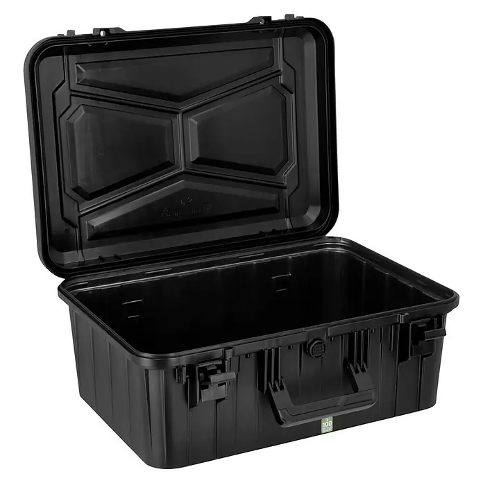 Wasserdichter Koffer EKO90D - L x B x H: 520 x 350 x 210 mm, Ohne Schaumstoffeinlage, Grau, Kunststoff - Eine offene, schwarze Hartschalen-Aufbewahrungsbox mit sichtbarem Innenraum, ideal für robuste Lagerung und Transport.