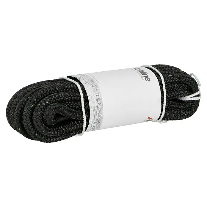 Robline Festmacherleine Rio Green - Ø x L: 10 mm x 8 m, Schwarz, Polyester - Nahaufnahme eines schwarzen Tauwerks von Robline mit einer weißen Banderole, das für Festigkeit und Zuverlässigkeit konzipiert ist.