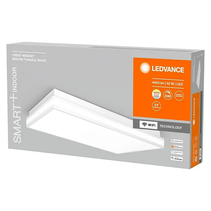 Ledvance LED-Deckenleuchte - 42 W, L x B x H: 60 x 30 x 8,6 cm, Weiß, Mehrfarbig - Verpackung der LEDVANCE ORBIS® MAGNET 600X300 Tunable White LED-Leuchte, ideal für Innenräume mit Smart-Funktionen und warmer/kühler Beleuchtung.