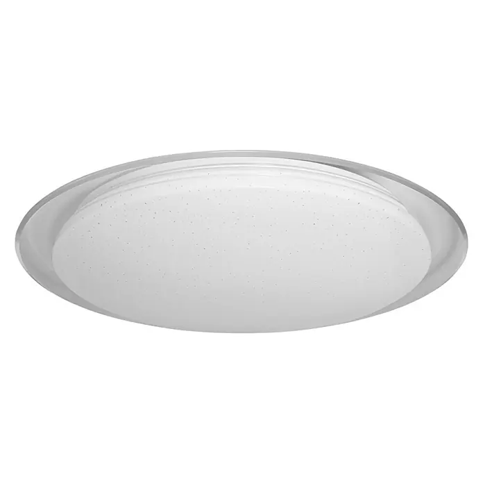 Ledvance LED-Deckenleuchte rund - 24 W, Ø x H: 46 x 7,6 cm, Weiß, Warmweiß - Nahaufnahme einer weißen LED-Deckenleuchte mit Sternendekor und klarem Rand, die ein modernes und elegantes Design zeigt.