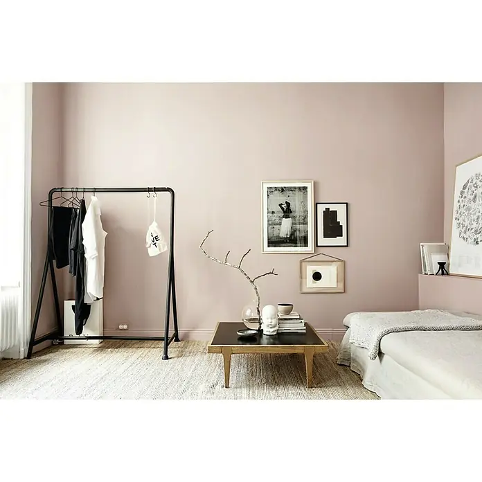 SCHÖNER WOHNEN-Farbe Wandfarbe Trendfarbe - Hortensie, Matt, 1 l, Konservierungsmittelfrei - Ein stilvolles Zimmer mit einem Kleiderständer, dekorativen Bildern und einem niedrigen Tisch, der das moderne Ambiente unterstreicht.
