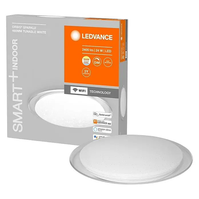 Ledvance LED-Deckenleuchte rund - 24 W, Ø x H: 46 x 7,6 cm, Weiß, Warmweiß - Abbildung einer LEDVANCE ORBIS® Sparkle 460mm Tunable White Smart+ Indoor-Deckenleuchte mit tunable White Technologie und WiFi-Funktion.