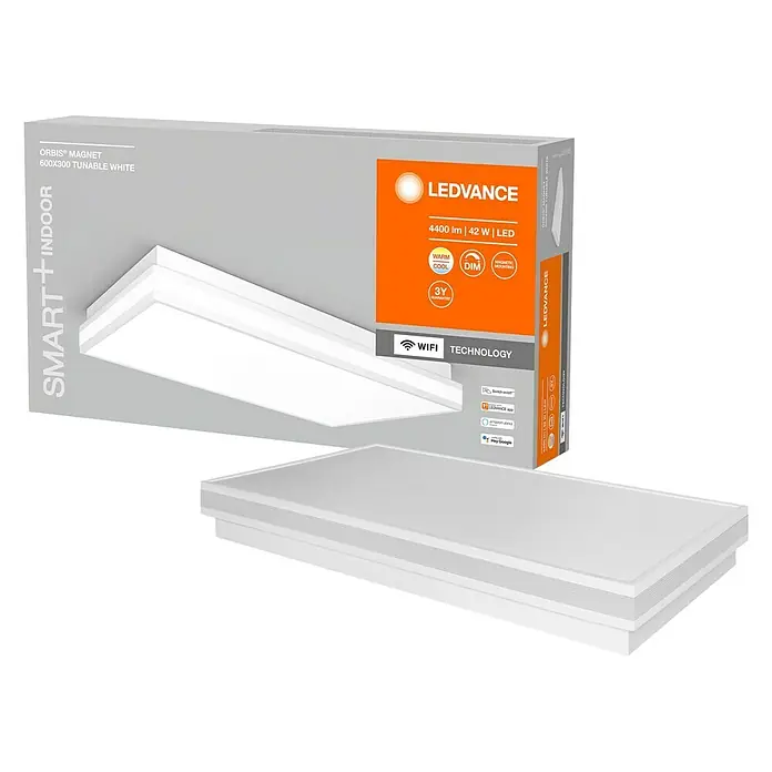 Ledvance LED-Deckenleuchte - 42 W, L x B x H: 60 x 30 x 8,6 cm, Weiß, Mehrfarbig - Produktabbildung der LEDVANCE Orbis Magnet 600x300 Tunable White Smart+ Indoor LED-Leuchte mit WiFi-Technologie und Dimmfunktion.