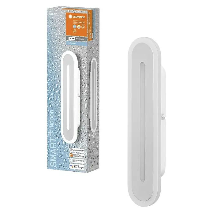 Ledvance Smart+ WiFi LED-Wandleuchte - 13 W, L x B x H: 30 x 7 x 5 cm, Weiß, Warmweiß - Abbildung einer LEDVANCE Smart+ Indoor-Badezimmerleuchte, die sich durch intelligentes Licht und moderne Technologie auszeichnet.