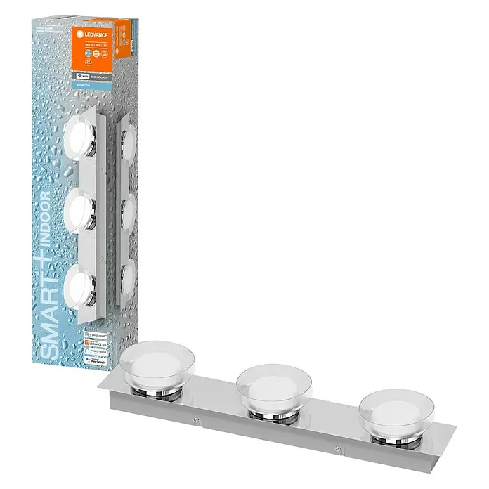 Ledvance LED-Wand- & Deckenstrahler - 18 W, L x B x H: 48 x 10 x 7,8 cm, Silber, Mehrfarbig, 1 Stk. - Nahaufnahme einer LEDVANCE Smart+ Indoor-Badezimmerleuchte mit drei Leuchten und zugehöriger Verpackung.