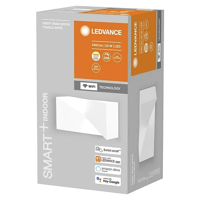 Ledvance LED-Wandleuchte - 23 W, L x B x H: 30 x 15 x 10,5 cm, Weiß, Mehrfarbig - Verpackung der LEDVANCE ORBIS® SWAN 300X150 tunable white Leuchte für den Innenbereich mit WiFi Technologie und 3 Jahren Garantie.