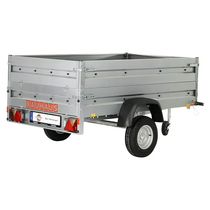 Stema Anhänger BH 7.5-20-12.1B mit Bordwandaufsatz u. Flachplane - Nutzlast: 583 kg, Einachser, Kasteninnenmaß: 201 x 117 x 60 cm, Ungebremst - Hier ist ein robuster BAUHAUS-Anhänger, perfekt für den Transport von Materialien und Gütern. Der Anhänger ist robust und zuverlässig.