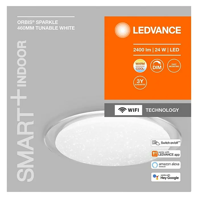 Ledvance LED-Deckenleuchte rund - 24 W, Ø x H: 46 x 7,6 cm, Weiß, Warmweiß - Das LEDVANCE ORBIS® Sparkle 460mm tunable white - Smart+ Indoor Licht für ein intelligentes Zuhause mit modernem Design.