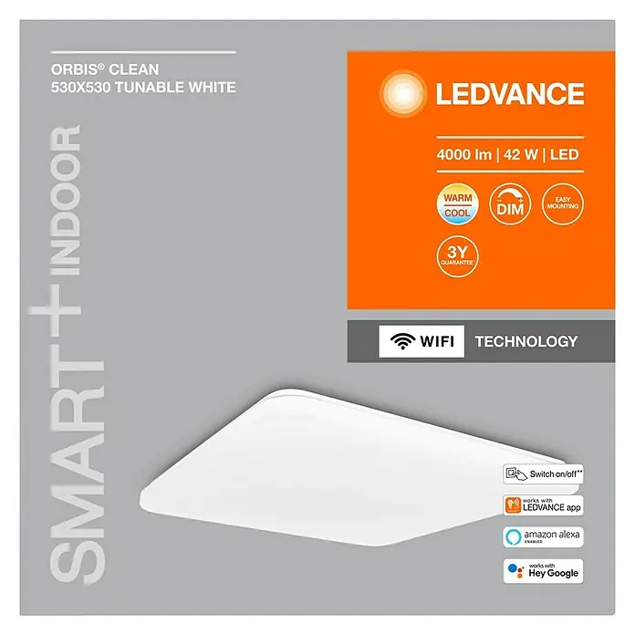 Ledvance LED-Deckenleuchte - 42 W, L x B x H: 53 x 53 x 8,5 cm, Weiß, Mehrfarbig - Abbildung der LEDVANCE ORBIS® CLEAN 530X530 Tunable White Smart+Indoor Leuchte, die modernes Design und intelligente Steuerung vereint.