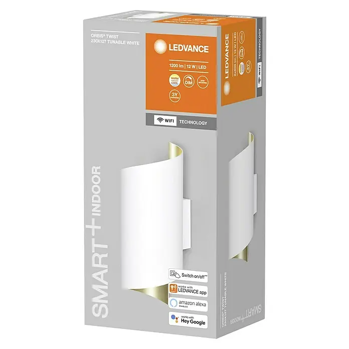 Ledvance Smart+ WiFi LED-Wandleuchte - 12 W, L x B x H: 12,7 x 9,5 x 23 cm, Weiß, Warmweiß - Die LEDVANCE ORBIS® TWIST 230x127 Tunable White für den Innenbereich: smarte Beleuchtung mit Dimmfunktion und WiFi-Technologie für Ihr Zuhause.