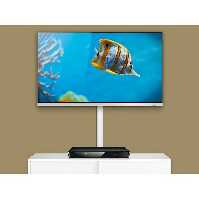 D-Line Kabelkanal Halbrund - 1 m, 20 x 10 mm, Weiß - Flachbildfernseher mit einem darauf angezeigten Fisch, montiert über einem Blu-ray-Player auf einem weißen Schrank.