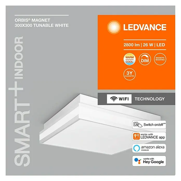 Ledvance LED-Deckenleuchte - 26 W, L x B x H: 30 x 30 x 8,6 cm, Weiß, Warmweiß - Abbildung einer LEDVANCE ORBIS® MAGNET 300X300 Tunable White Leuchte mit Smart+Indoor Funktion, ideal für die Innenraumbeleuchtung.