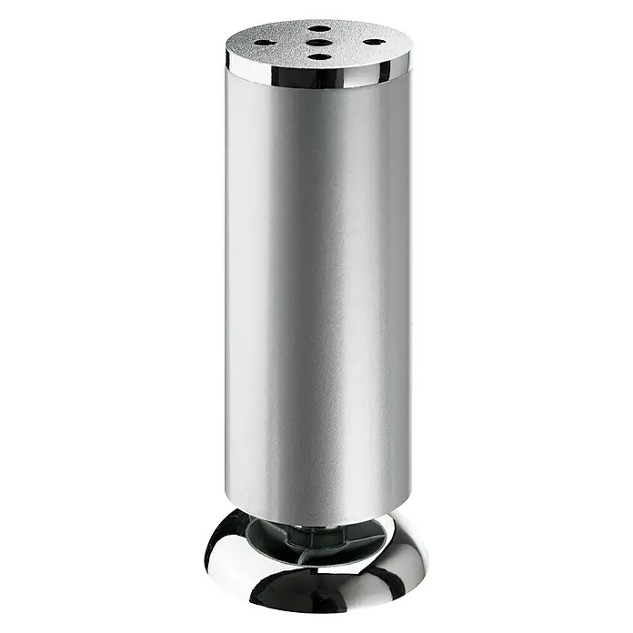 Hettich Möbelfuß Salina - Ø x H: 5 x 16 cm, Traglast: 50 kg, Stahl - Nahaufnahme eines modernen, zylindrischen Möbelfußes aus gebürstetem Aluminium mit poliertem Chromfuß und Montageplatte.