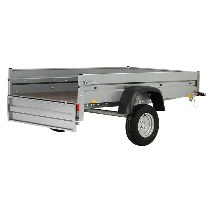 Stema Anhänger BH 7.5-20-12.1B mit Bordwandaufsatz u. Flachplane - Nutzlast: 583 kg, Einachser, Kasteninnenmaß: 201 x 117 x 60 cm, Ungebremst - Einachsanhänger mit grauen Bordwänden und einer Heckklappe zum einfachen Beladen. Ideal für Transporte aller Art.