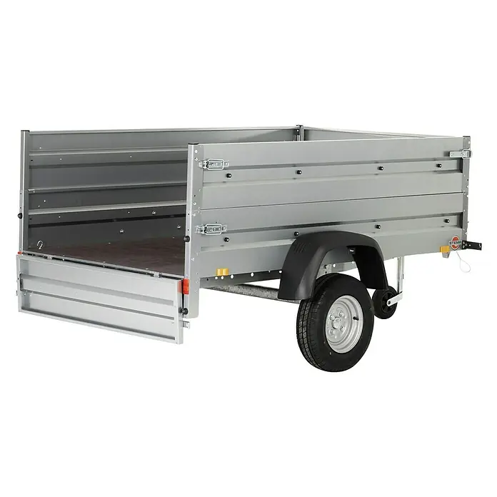 Stema Anhänger BH 7.5-20-12.1B mit Bordwandaufsatz u. Flachplane - Nutzlast: 583 kg, Einachser, Kasteninnenmaß: 201 x 117 x 60 cm, Ungebremst - Abbildung eines Pkw-Anhängers mit geöffneter Heckklappe, ideal für den Transport verschiedener Güter und Materialien.