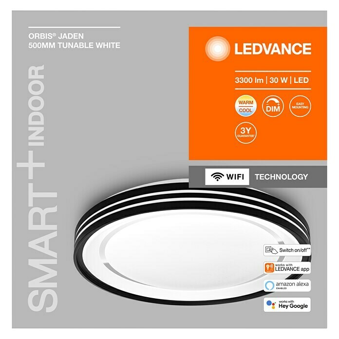 Ledvance LED-Deckenleuchte rund (30 W, Ø x H: 48,8 x 8,5 cm, Schwarz, Warmweiß) | BAUHAUS