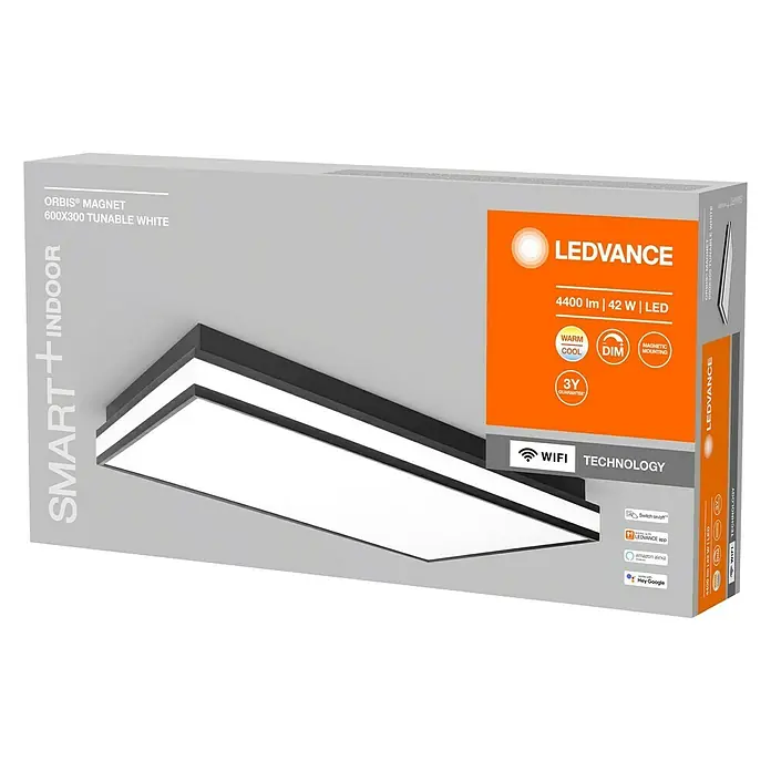 Ledvance LED-Deckenleuchte - 42 W, L x B x H: 60 x 30 x 8,6 cm, Schwarz, Mehrfarbig - Abbildung der LEDVANCE ORBIS® MAGNET 600X300 Tunable White Smart+ Indoor Leuchte, die intelligente Beleuchtung für Innenräume bietet.