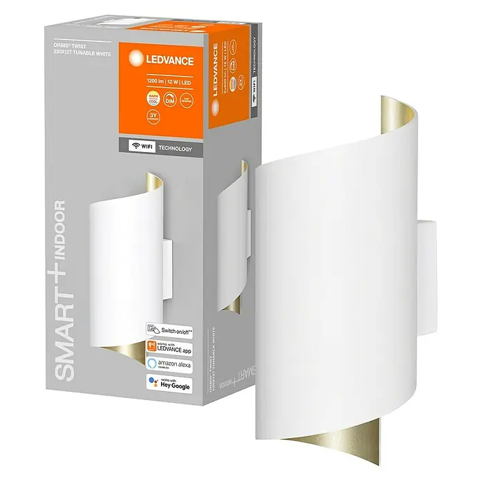 Ledvance Smart+ WiFi LED-Wandleuchte - 12 W, L x B x H: 12,7 x 9,5 x 23 cm, Weiß, Warmweiß - Abbildung einer LEDVANCE ORBIS TWIST SMART+INDOOR Wandleuchte mit 1200 lm und 12 W, steuerbar über WLAN.